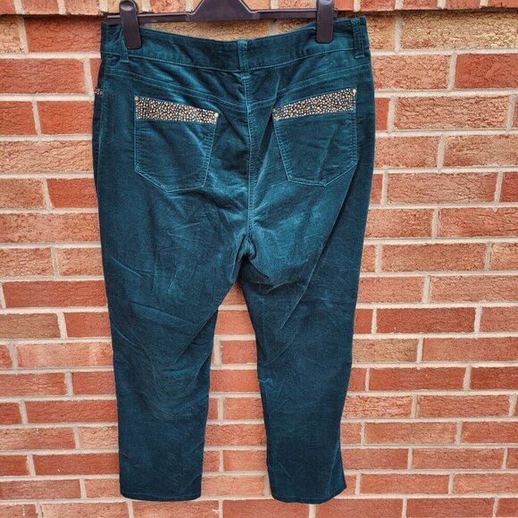 Chico's Green Velvet Pants Women's Size Large Rhinestone Accents Straight Leg - Picture 2 of 7